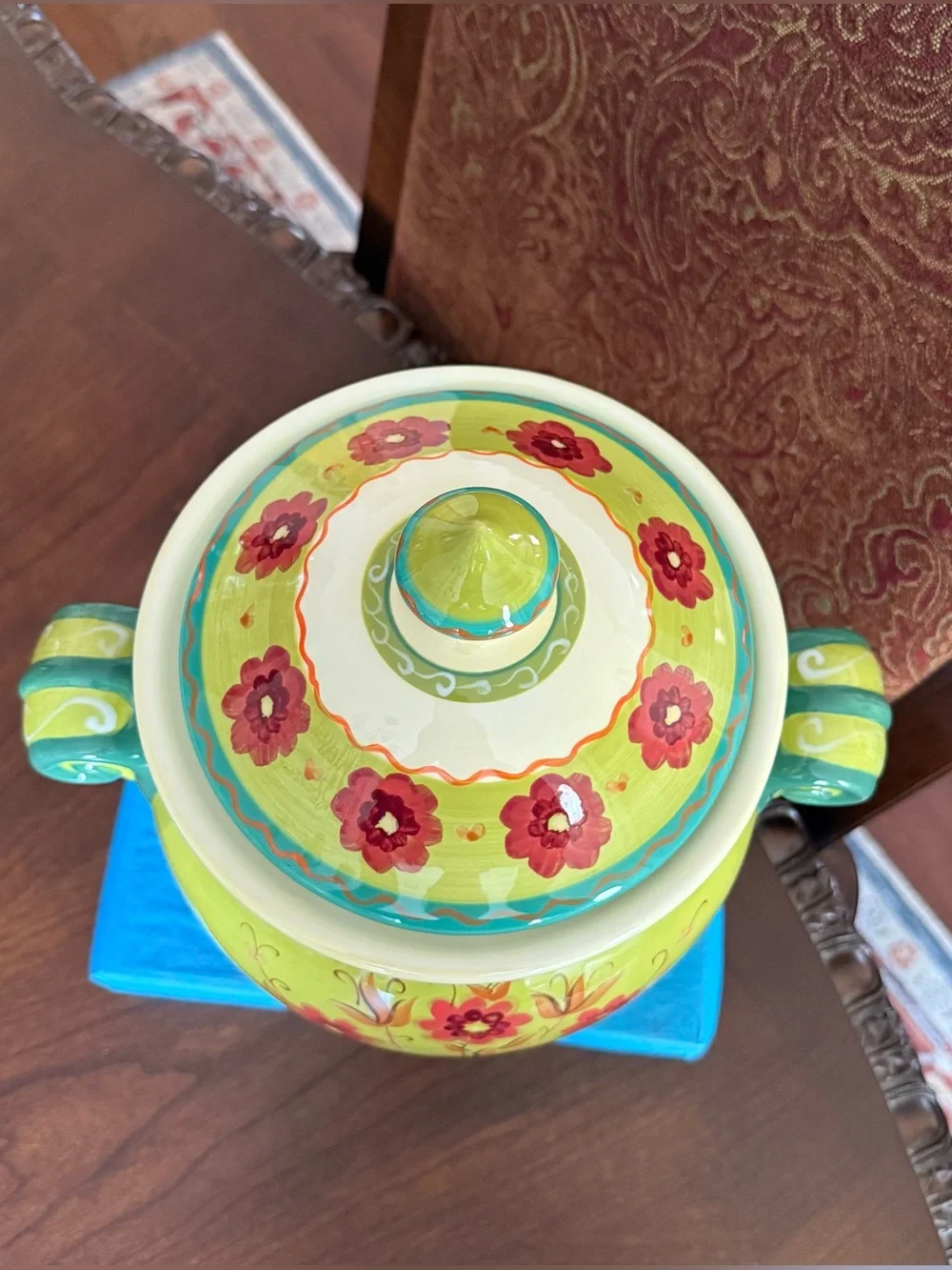 Pier 1 Hand-Painted Ceramic Cookie Jar Canister Lime Green Floral Lid w/Seal 12”